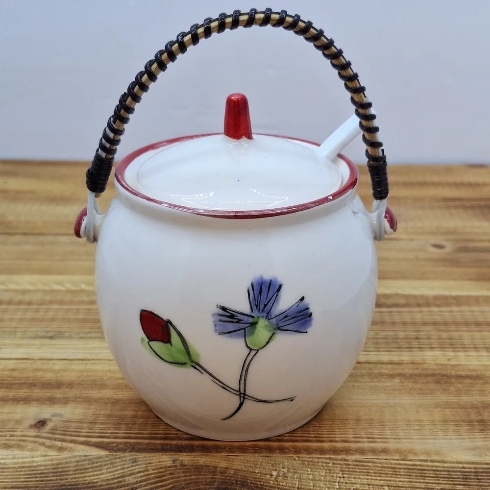 Vintage Floral‎ White sugar jelly or candy jar with wicker handle 3x4